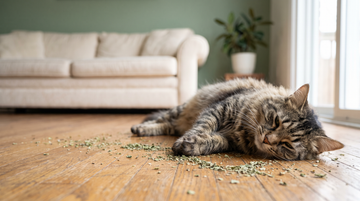 A blissful tabby cat rolling on a wooden floor surrounded by scattered dried catnip leaves