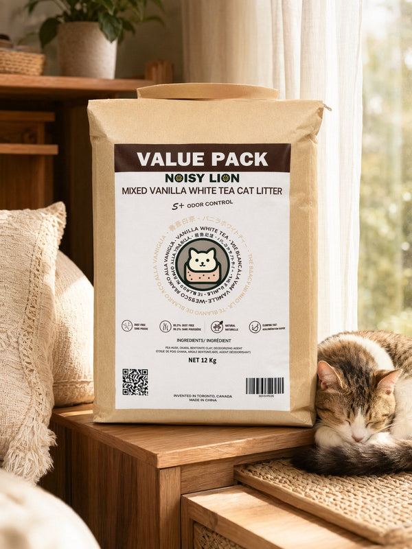 Noisy Lion 12 kg plant-based tofu cat litter compared with okocat wood cat litter