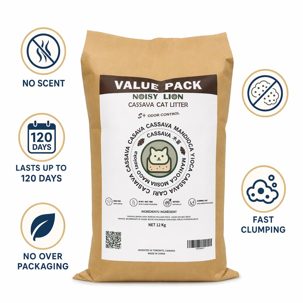 Noisy Lion cassava cat litter 12 kg bag — unscented, fast clumping, lasts up to 120 days