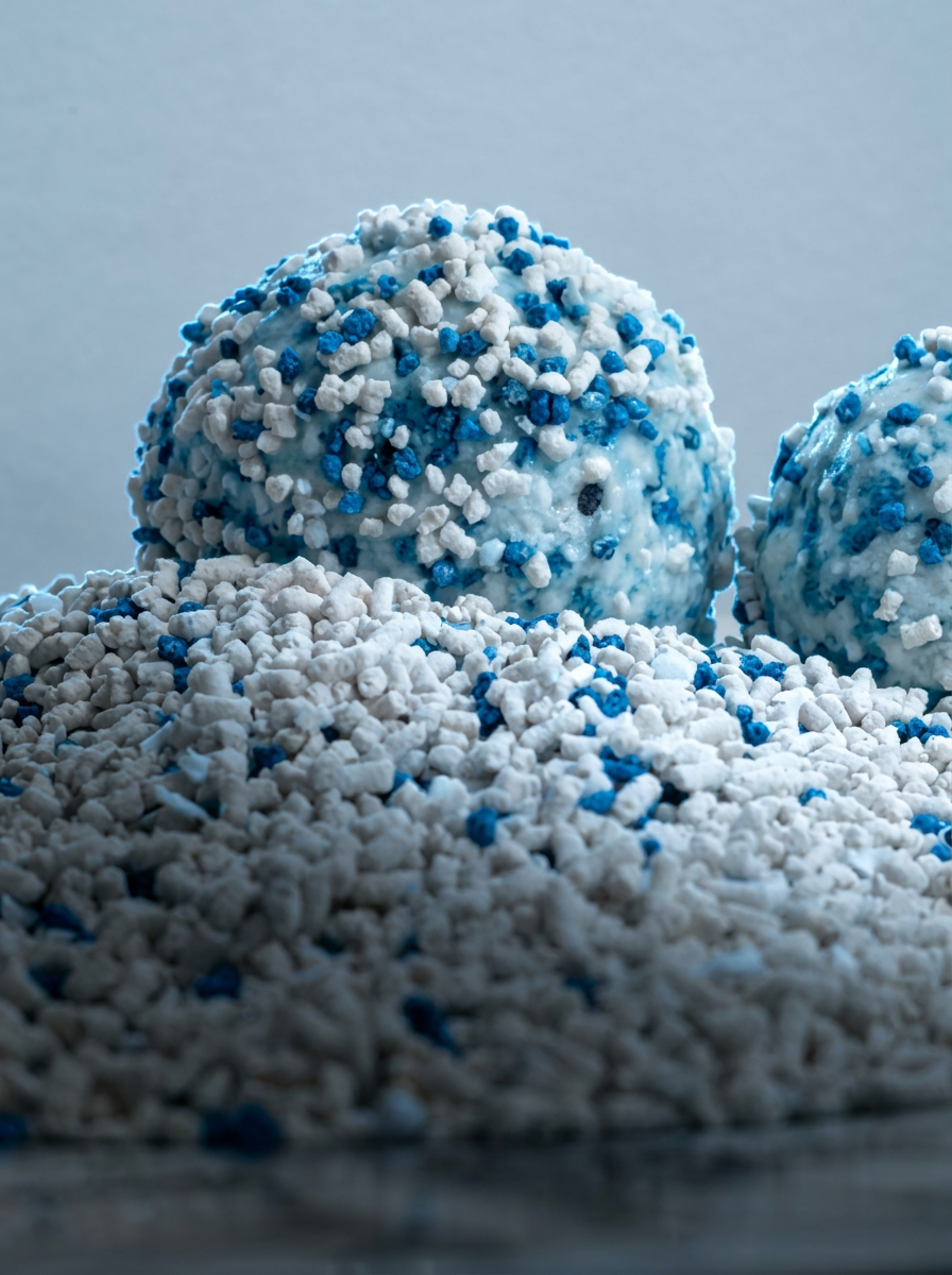 Cassava cat litter clumping into firm solid balls on a bed of white granules with blue flecks