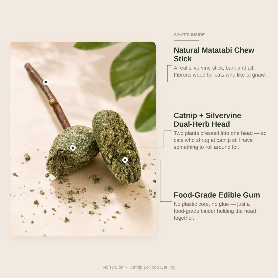 Catnip Lollipop Cat Toy — pressed catnip and silvervine head on a natural silvervine stick, with loose catnip